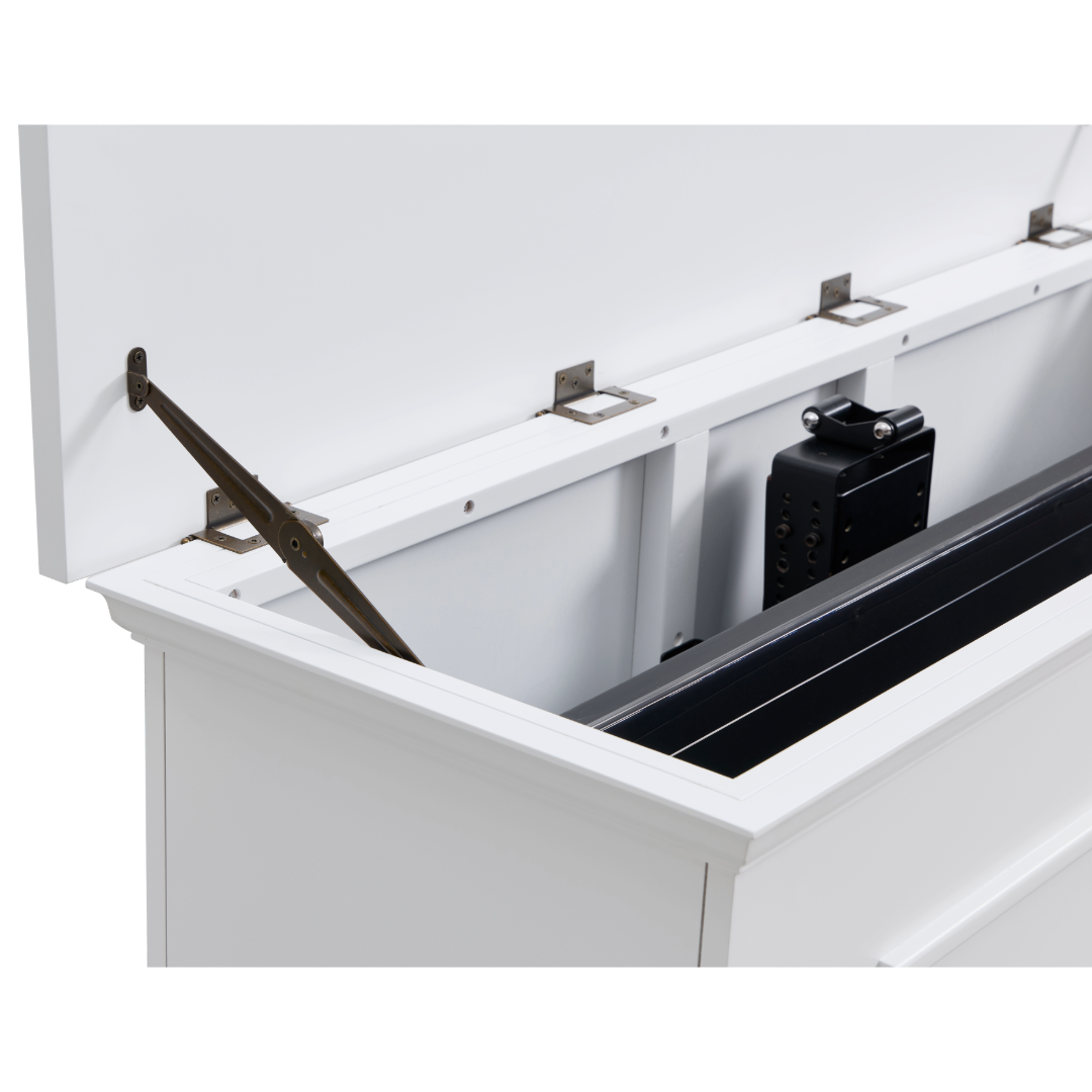 Touchstone Elevate 72015 Smart TV Lift Cabinet in White Finish detail photo of hinges.