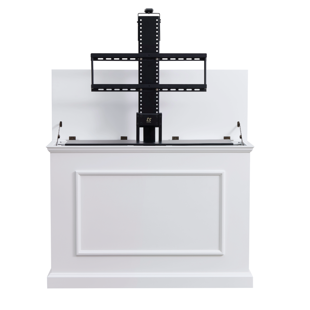Touchstone Elevate 72015 Smart TV Lift Cabinet in White Finish cabinet opened with lift on white.