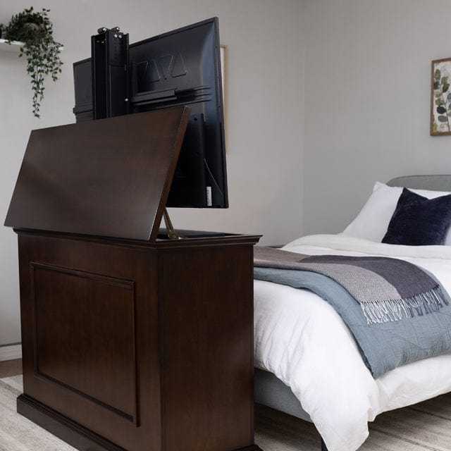 End of bed leather studded tv lift cabinet by cabinet tronix in up
