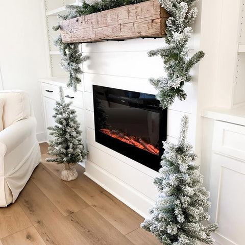 Sideline Electric Fireplace in white built out bookcase decorated for holidays by @houseofkeene