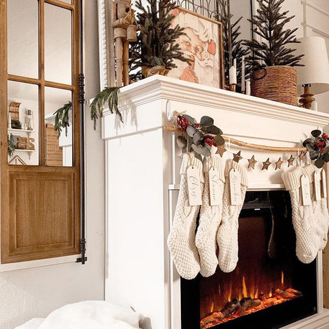 Touchstone Forte Electric Fireplace in white mantel decorated for Christmas by @simplyminedesigns