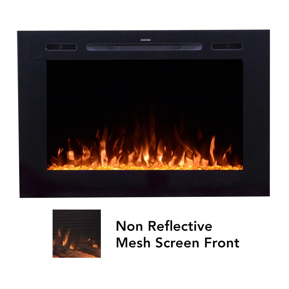 Touchstone Forte Steel Electric Fireplace features a screen front display for a non reflective traditional fireplace look