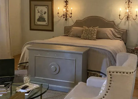 Touchstone Mini Elevate TV Lift Cabinet at end of bed painted by customer