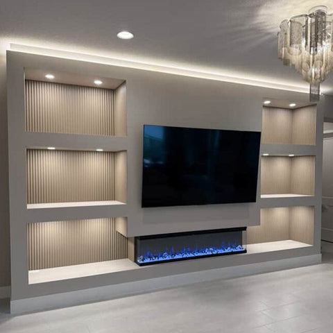 Touchstone Sideline Infinity 72 Smart Electric Fireplace with built in shelves accent wall, Legacy Woodworks, FL