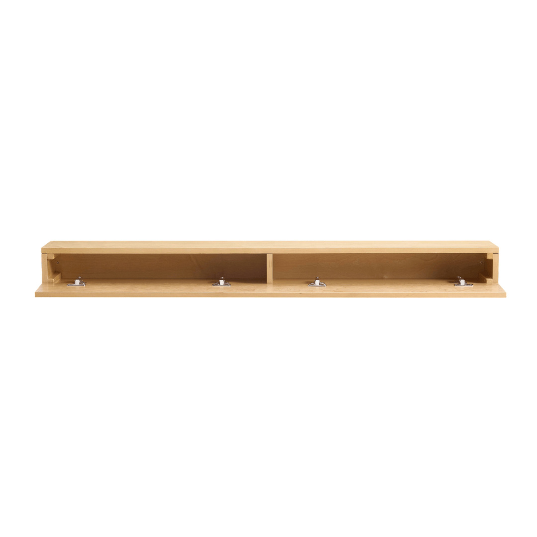 Touchstone 90018 Natural Dropdown Electric Fireplace mantel shelf opened, showing storage.