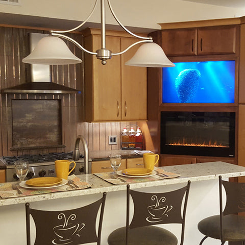 Touchstone Sideline 36 Electric Fireplace in kitchen by customer Margo