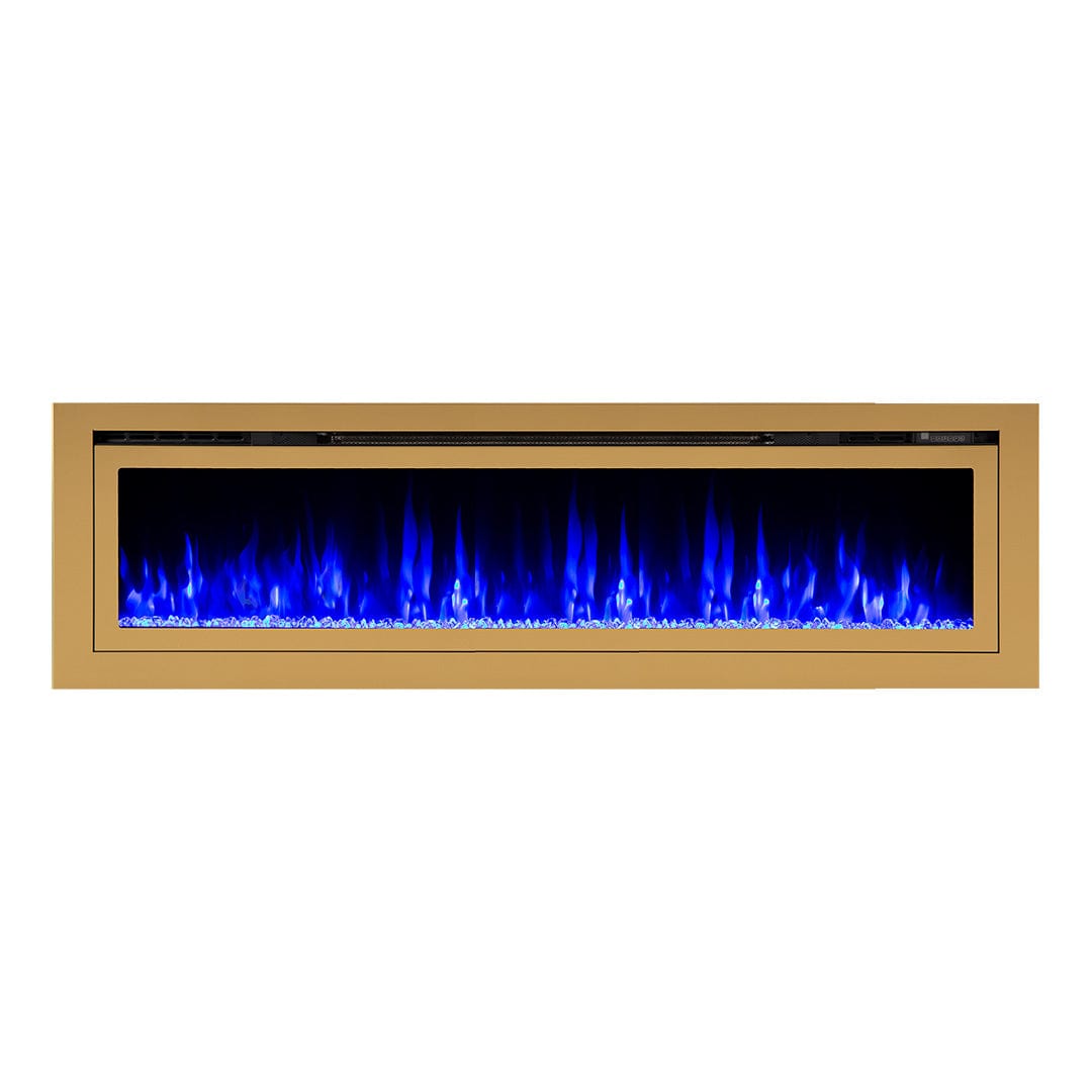 Sideline Deluxe Gold 72 inch electric fireplace on white with blue flames and crystal media