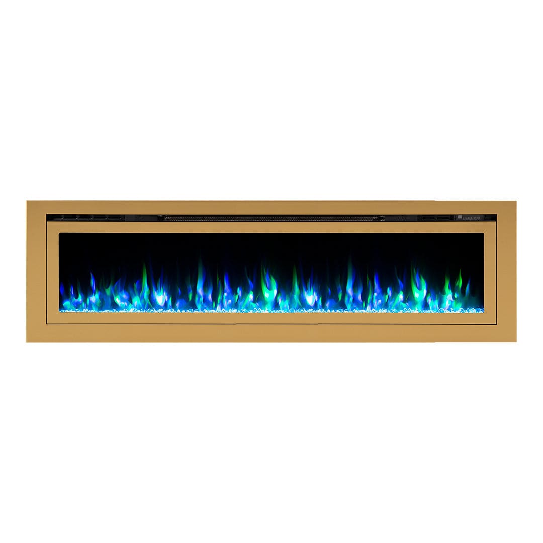 Sideline Deluxe Gold 72 inch electric fireplace on white with blue and green flames and crystal media