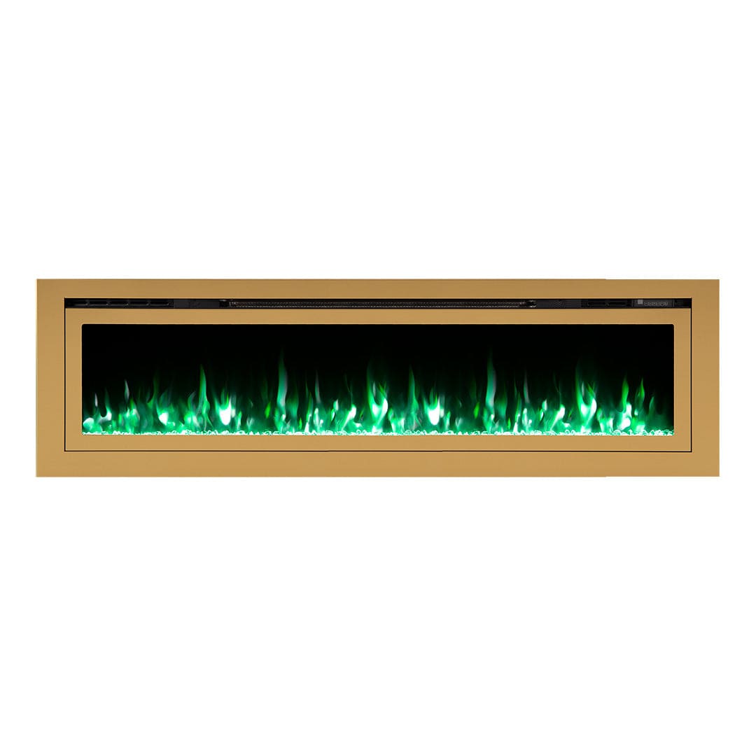 Sideline Deluxe Gold 72 inch electric fireplace on white with green and white flames and crystal media