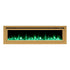 Sideline Deluxe Gold 72 inch electric fireplace on white with green and white flames and crystal media