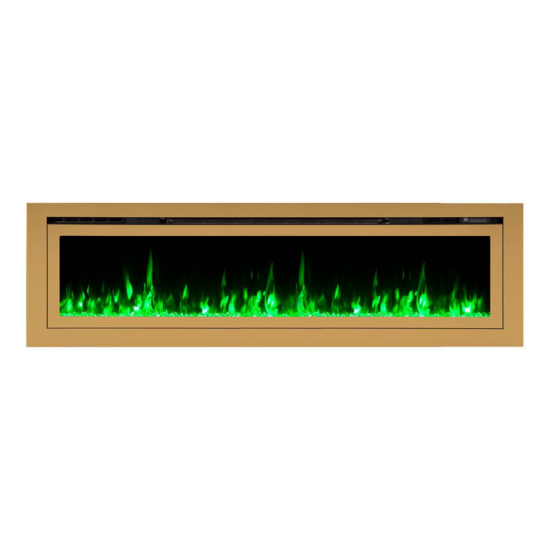 Sideline Deluxe Gold 72 inch electric fireplace on white with green flames and crystal media