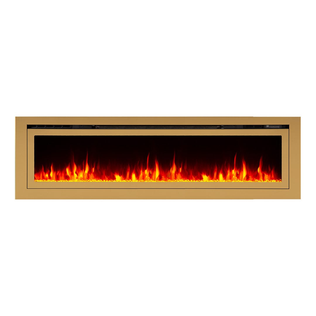 Sideline Deluxe Gold 72 inch electric fireplace on white with red flames and crystal media