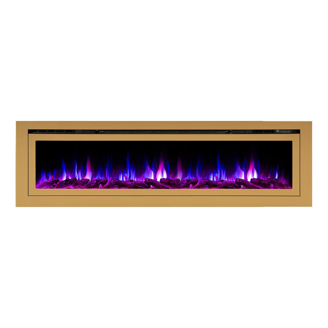Sideline Deluxe Gold 72 inch electric fireplace on white with blue and pink flames and logset