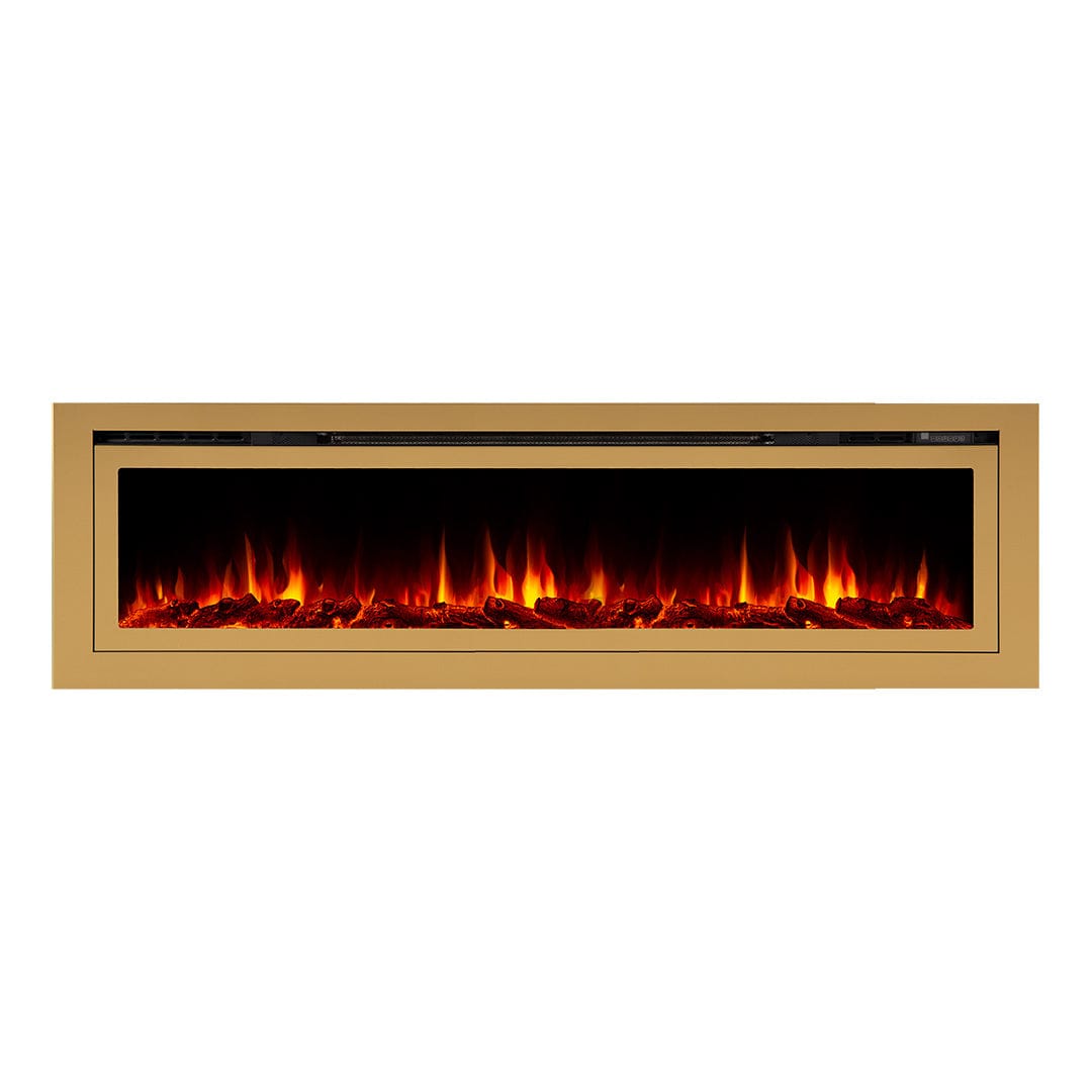 Sideline Deluxe Gold 72 inch electric fireplace on white with orange flames and logset