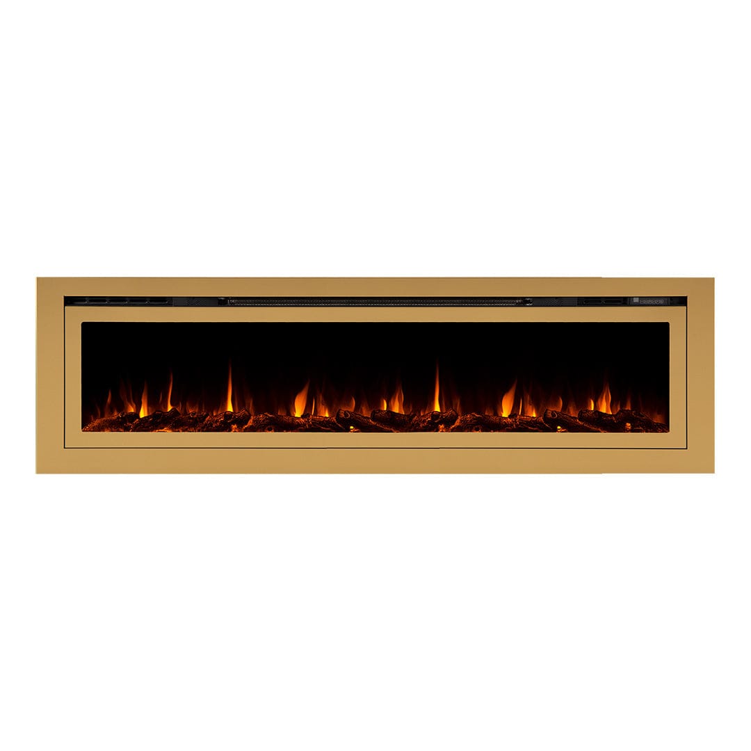 Sideline Deluxe Gold 72 inch electric fireplace on white with orange flames and logset