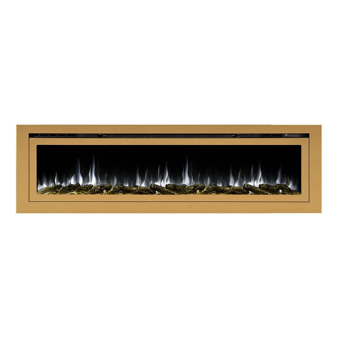 Sideline Deluxe Gold 72 inch electric fireplace on white with white flames and logset