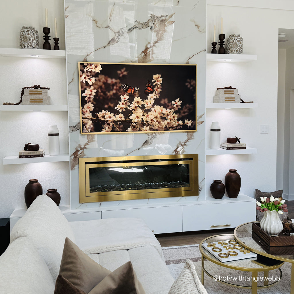 Touchstone Sideline Deluxe Gold Electric Fireplace living room installation lifestyle photo done by @hdtvwithangiewebb
