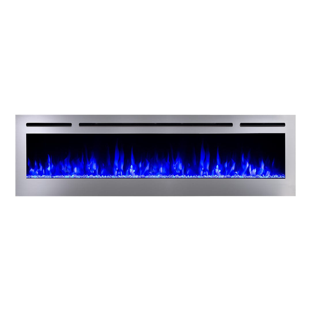 Sideline Deluxe Stainless Steel 72 inch electric fireplace on white with blue flames and crystal media