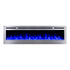 Sideline Deluxe Stainless Steel 72 inch electric fireplace on white with blue flames and crystal media