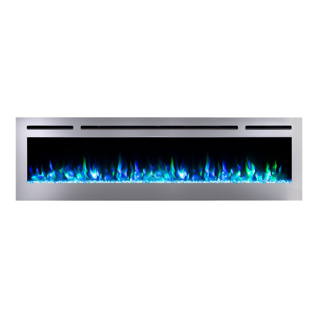 Sideline Deluxe Stainless Steel 72 inch electric fireplace on white with  blue and green flames and crystal media