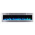 Sideline Deluxe Stainless Steel 72 inch electric fireplace on white with  blue and green flames and crystal media