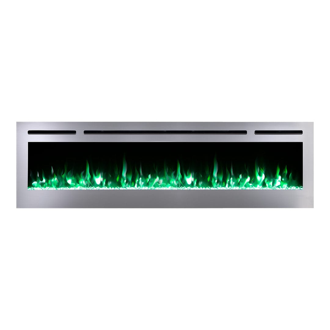 Sideline Deluxe Stainless Steel 72 inch electric fireplace on white with green and white flames and crystal media