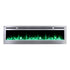 Sideline Deluxe Stainless Steel 72 inch electric fireplace on white with green and white flames and crystal media