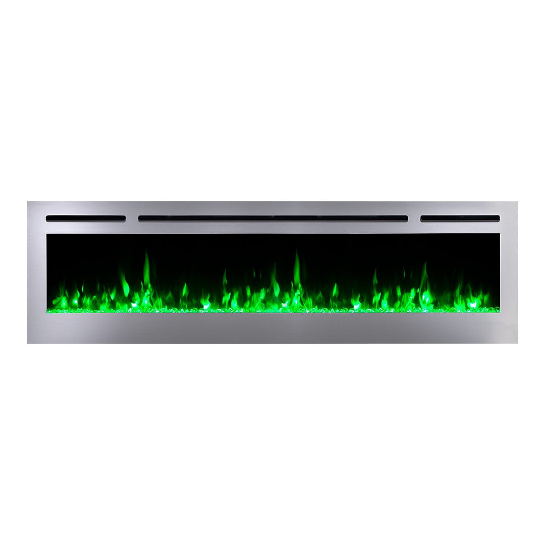 Sideline Deluxe Stainless Steel 72 inch electric fireplace on white with green flames and crystal media