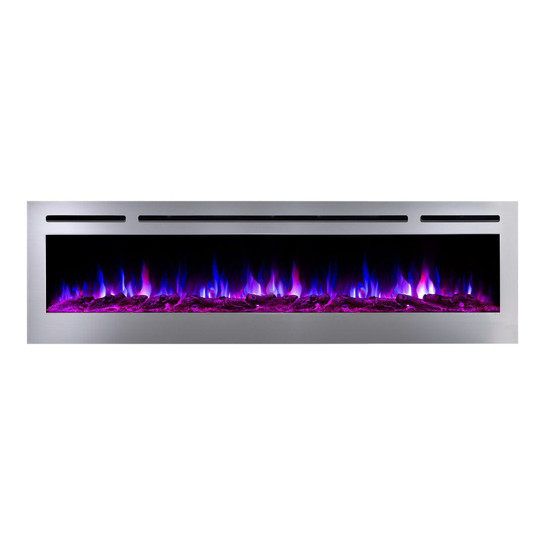 Sideline Deluxe Stainless Steel 72 inch electric fireplace on white with blue and pink flames and logset