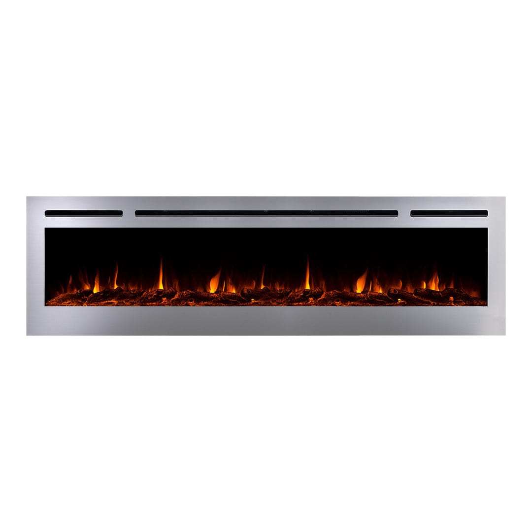 Sideline Deluxe Stainless Steel 72 inch electric fireplace on white with orange flames and logset