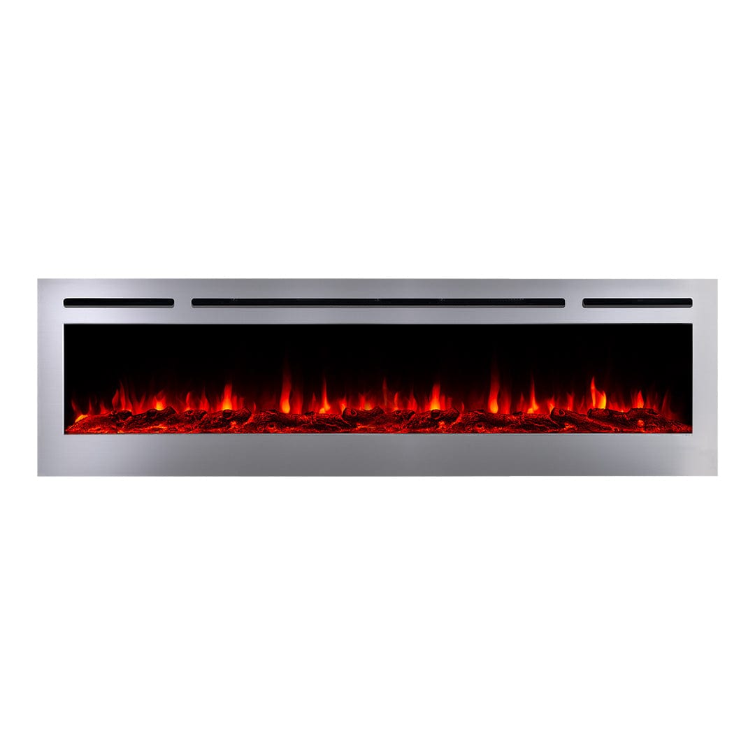 Sideline Deluxe Stainless Steel 72 inch electric fireplace on white with red flames and logset