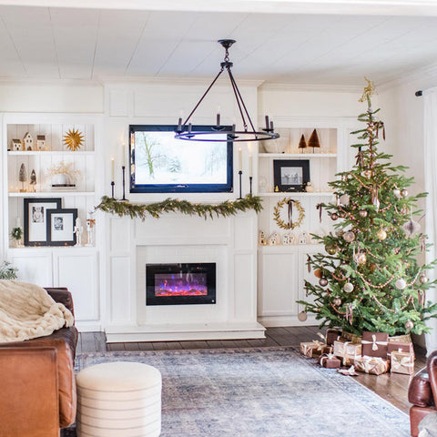 Touchstone Sideline 36 Electric Fireplace in custom built white fireplace mantel and decorated for Christmas by @candileonardhome
