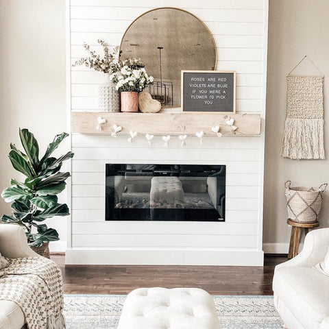 Touchstone Sideline 50 Electric Fireplace decorated for Valentine's Day in shiplap fireplace accent wall by @thebloomingnest