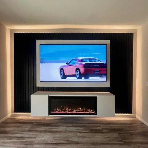 modern electric fireplace floating wall with slats and backlighting featuring Touchstone Sideline Elite 50 Smart Electric Fireplace, photo credit Rust and Oak Woodworking