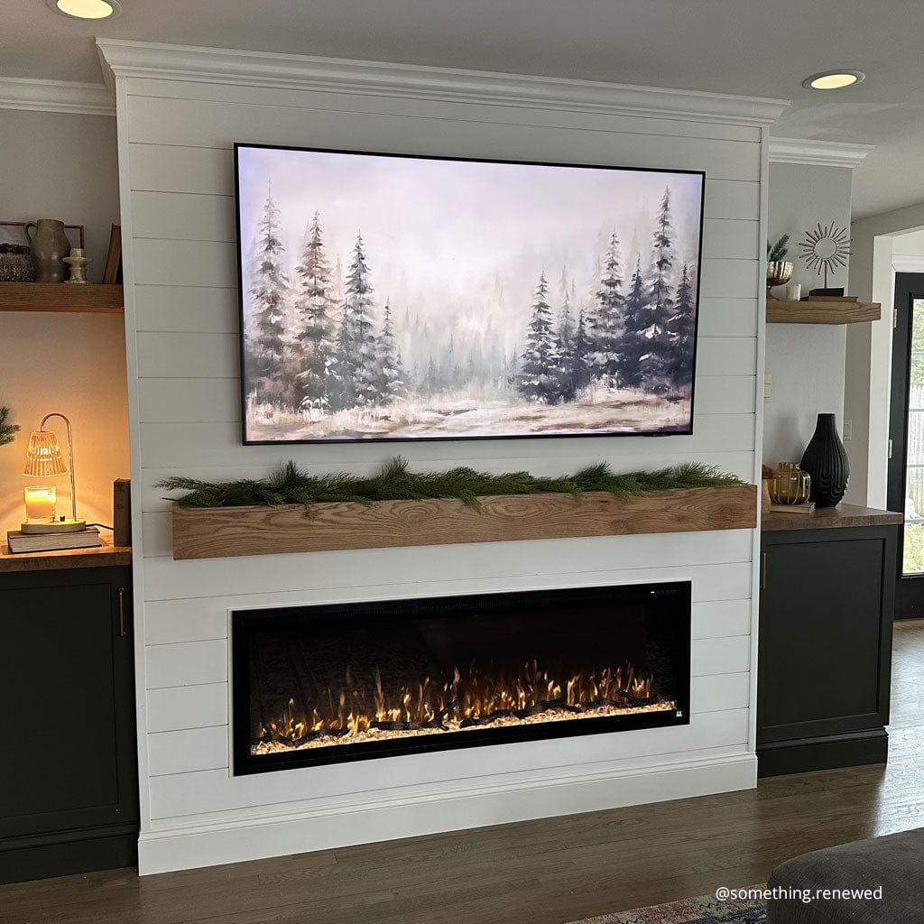Touchstone Sideline Elite 50 Smart Electric Fireplace in shiplap accent wall decorated for the holidays, @something.renewed