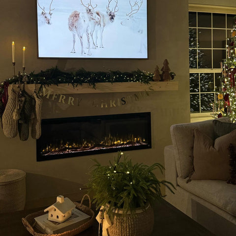 Touchstone Sideline Elite 60 Smart Electric Fireplace and Encase 84 Unfinished Shelf Mantel decorated for Christmas @bohoglamhaus