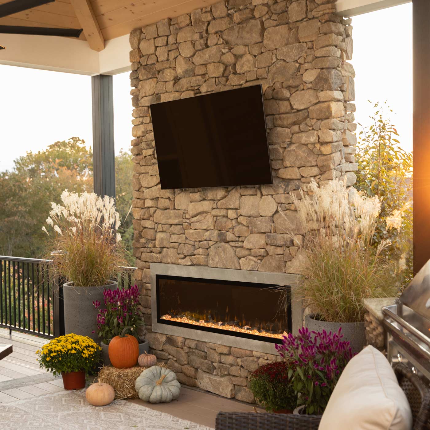 Fall decor outdoor entertaining with Touchstone Sideline Elite 80049 Outdoor Electric Fireplace
