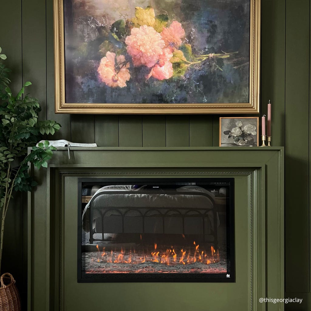 Touchstone Sideline Elite Forte Smart Electric Fireplace in vintage style mantel painted in green by @thisgeorgiaclay for the guest room