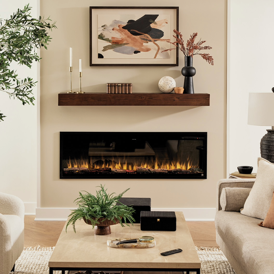 Touchstone Sideline Elite Pro and Touchstone Encase Mantel lifestyle image in a neutral styled living room.