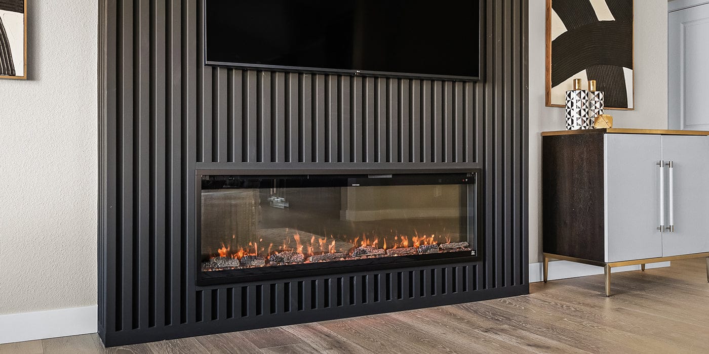 Touchstone Sideline Elite Pro Smart Electric Fireplace in black paneled bump out by Accent Wall Designs, Arizona