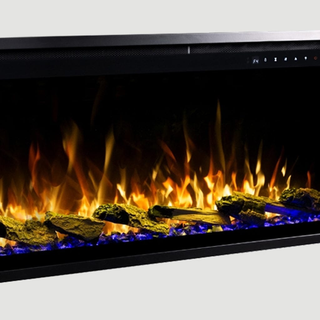 Touchstone Sideline Elite® Pro Smart Electric Fireplace closeup of the premium flame display shown with faux logs.