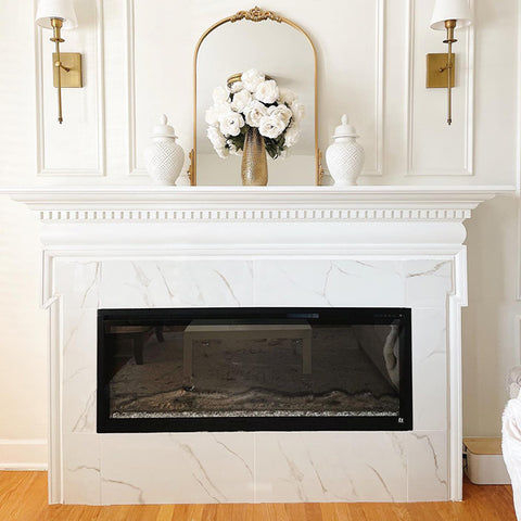 Touchstone Sideline Elite Smart Electric Fireplace with marble tile by @prettytwinkledesign