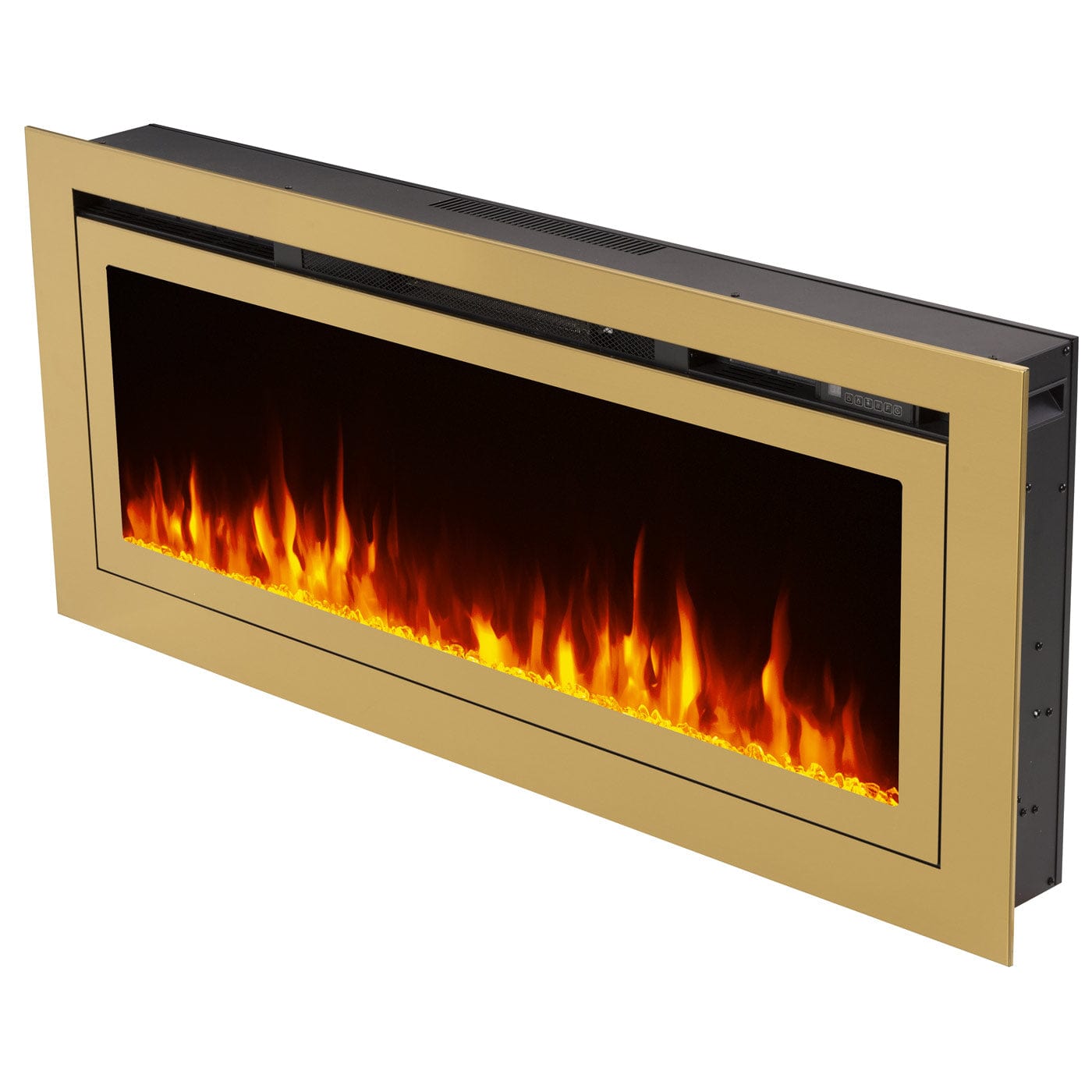 Touchtone Sideline Gold 60 inch 86275 Recessed Smart Electric Fireplace on angle with orange flames