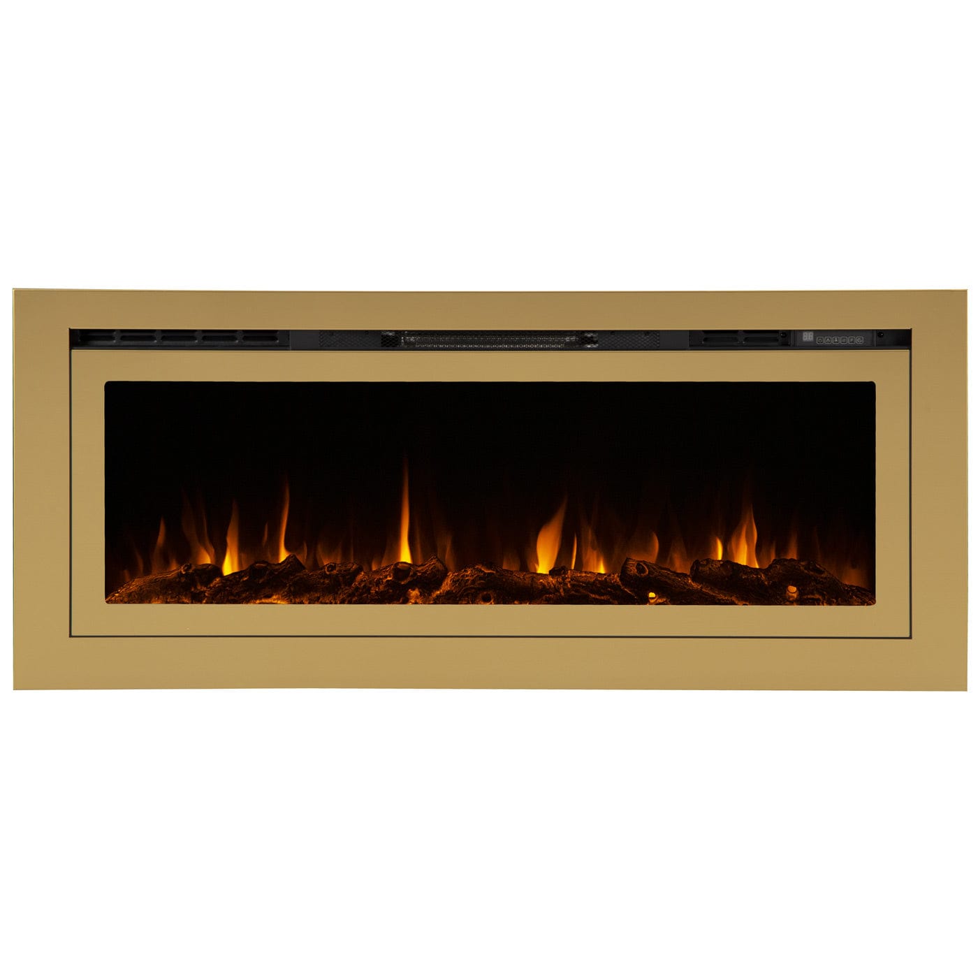 Touchstone Sideline Gold Smart Electric Fireplace front view gold orange flames
