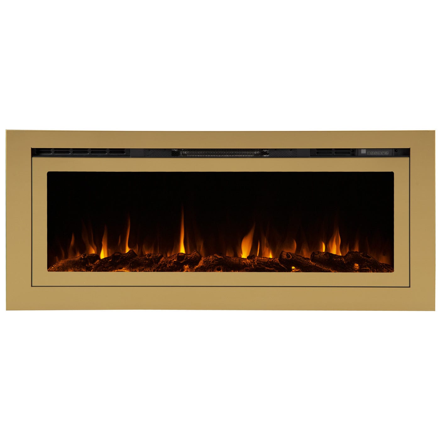 Touchstone Sideline Gold Smart Electric Fireplace front view gold white flames