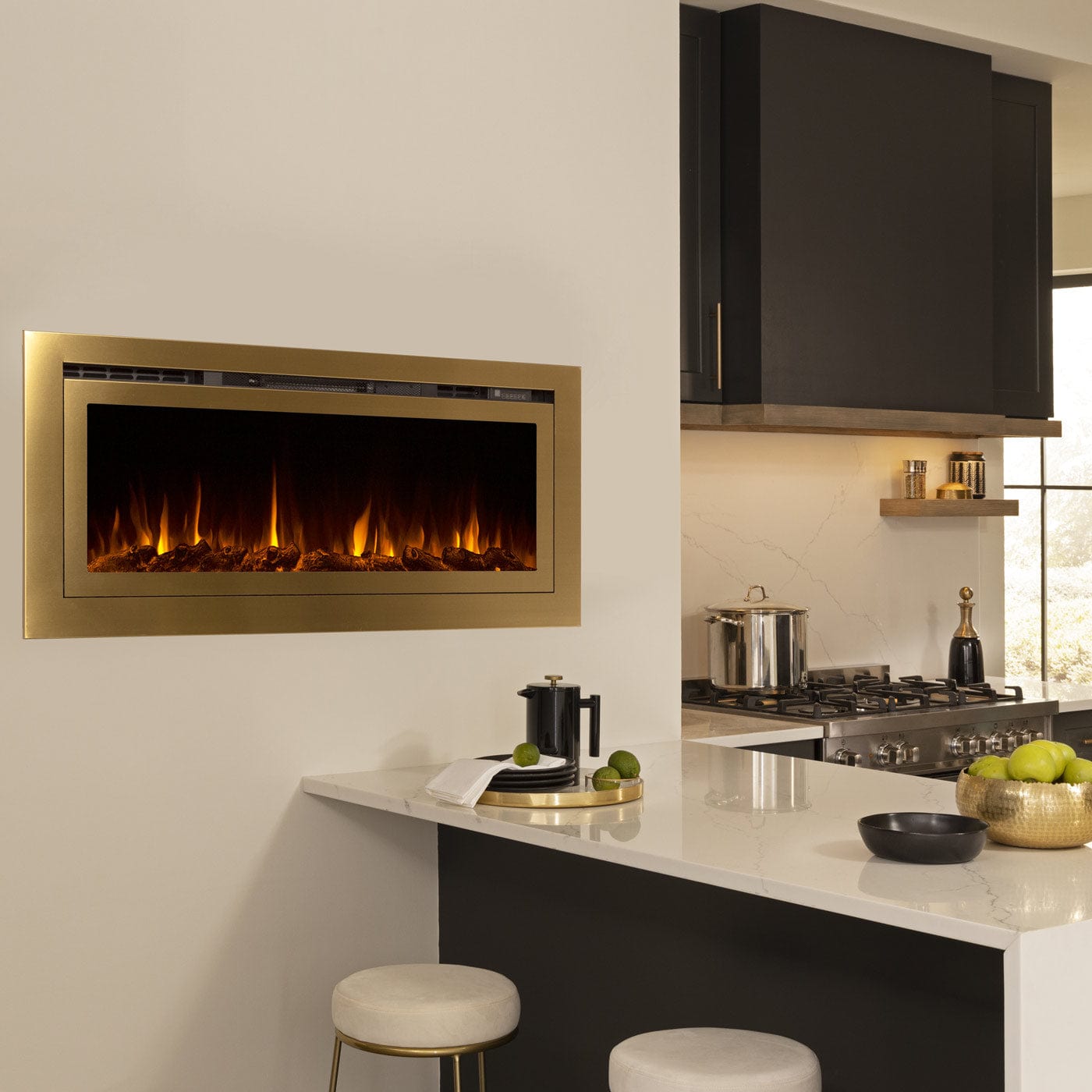 Touchstone Sideline Gold 86275 Smart Electric Fireplace in kitchen with gold accents