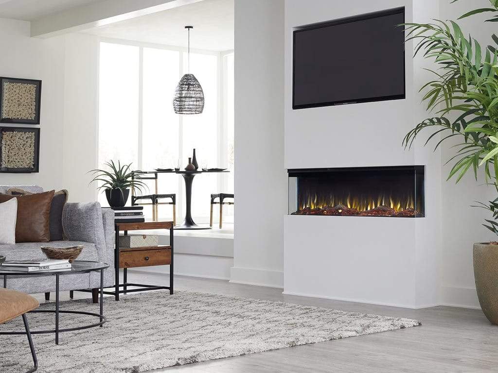 Touchstone Sideline Infinity 3 sided electric fireplace in a white bump out wall side view