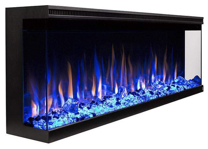 Touchstone Sideline Infinity Electric Fireplace 72 inches smart home technology shown turned on with crystals.