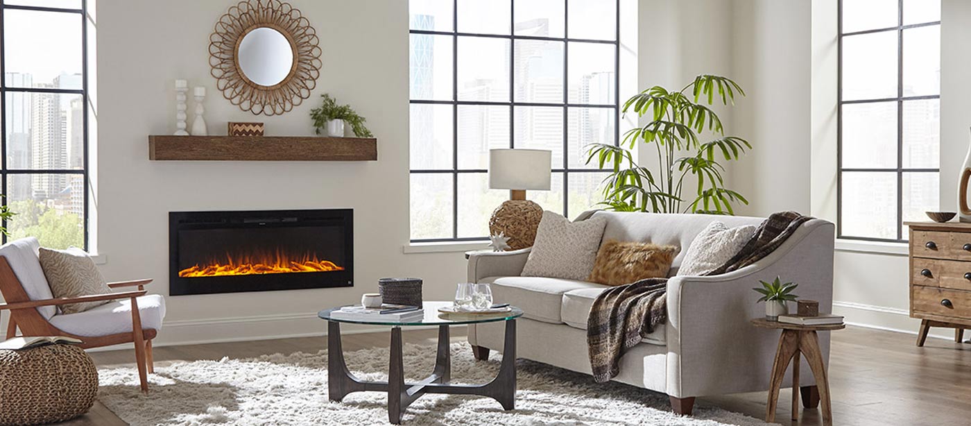 Touchstone Sideline Smart 50-inch Electric Fireplace in a light and airy living room with oak wood mantel