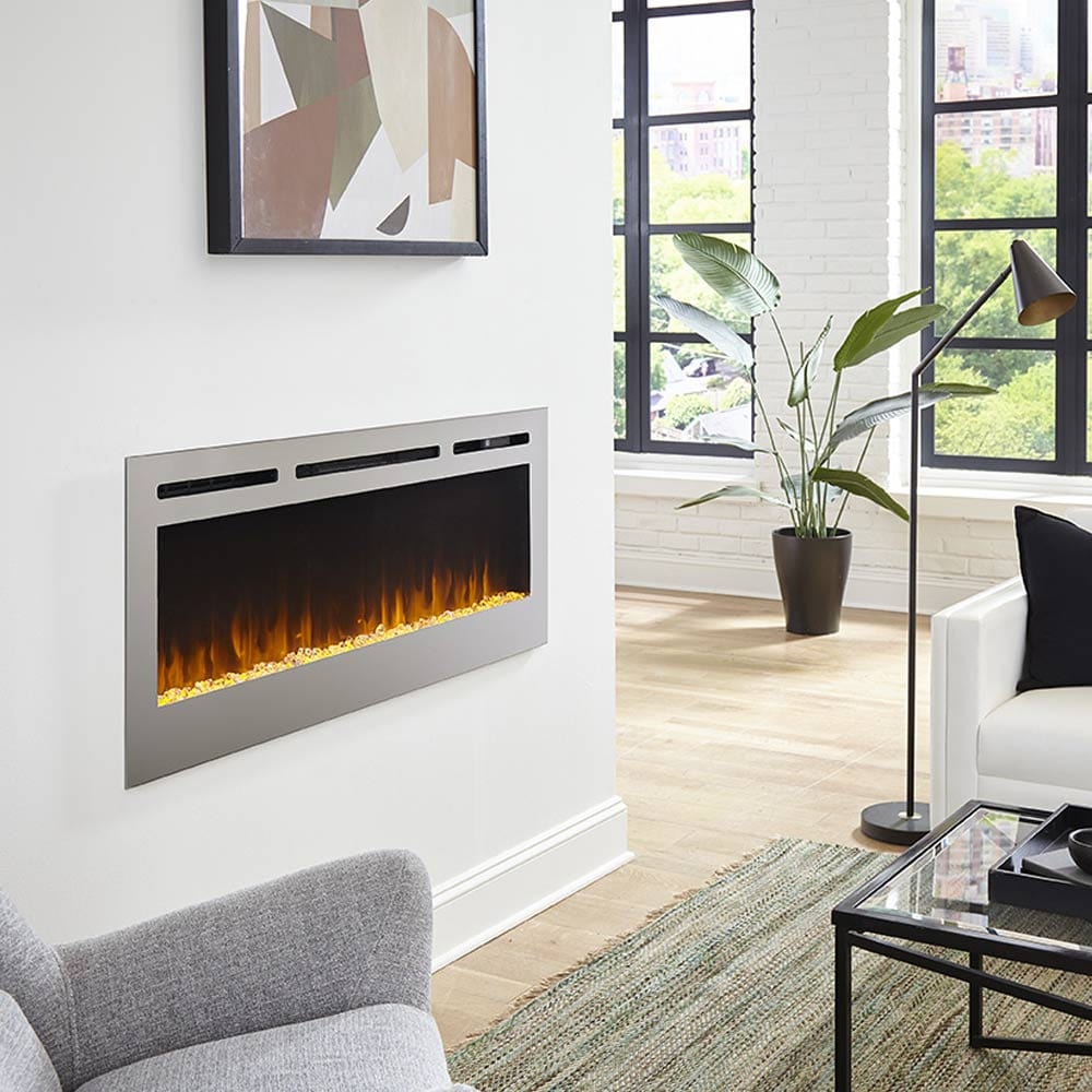 Touchstone Sideline Deluxe Electric Fireplace Stainless 50 inch in a room setting.